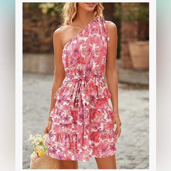 BTFBM Dresses & Skirts - Pink and White One-Shoulder Sundress for Wedding Guests